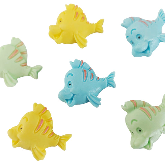 A set of six edible fondant fish. Cute decorations for an ocean themed cake.