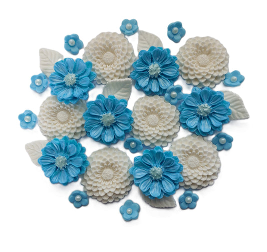 Assorted flowers in blue and white. Edible fondant icing cake decorations / topper