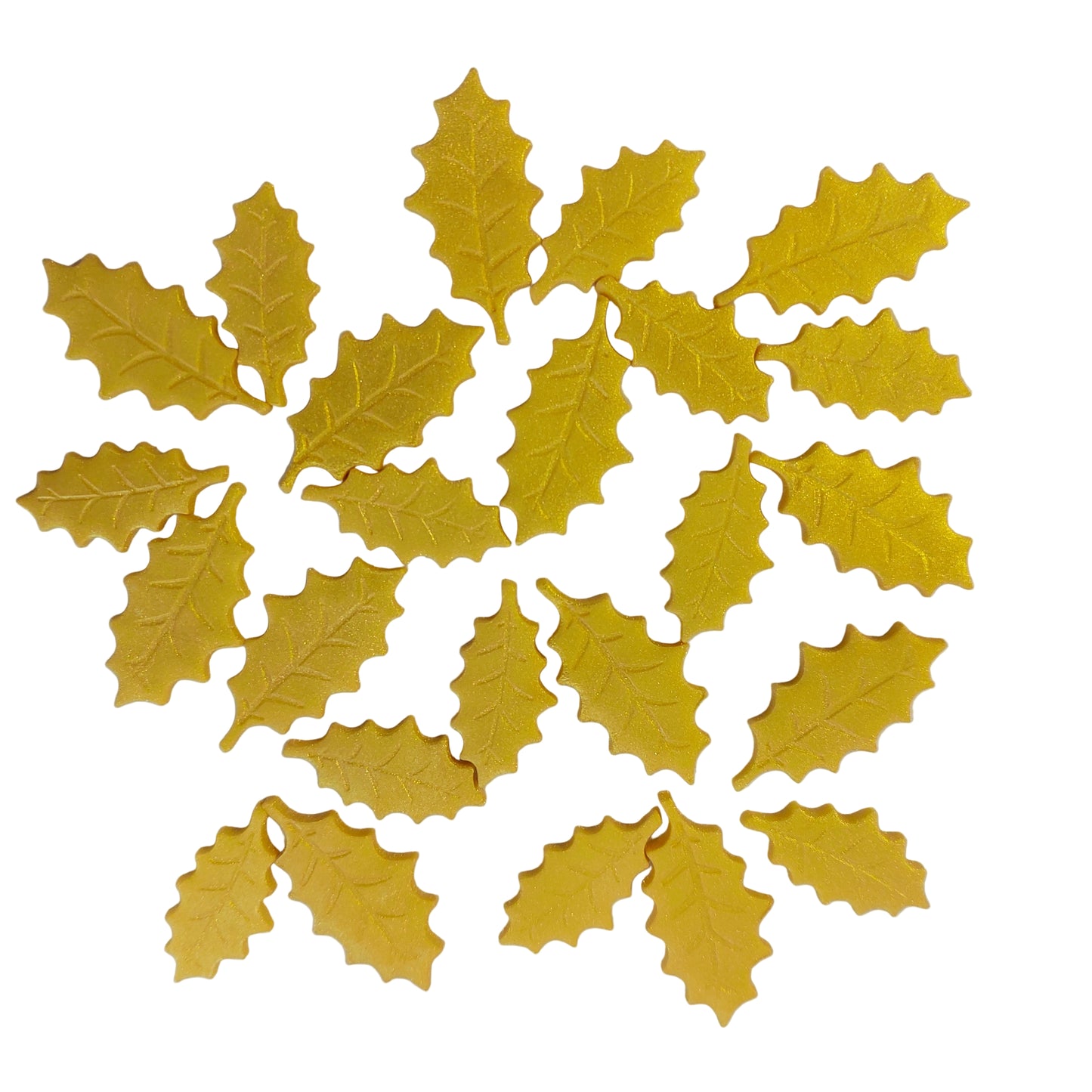 24 x Gold holly leaves in 2 sizes, edible fondant icing Christmas cake topper / decorations.