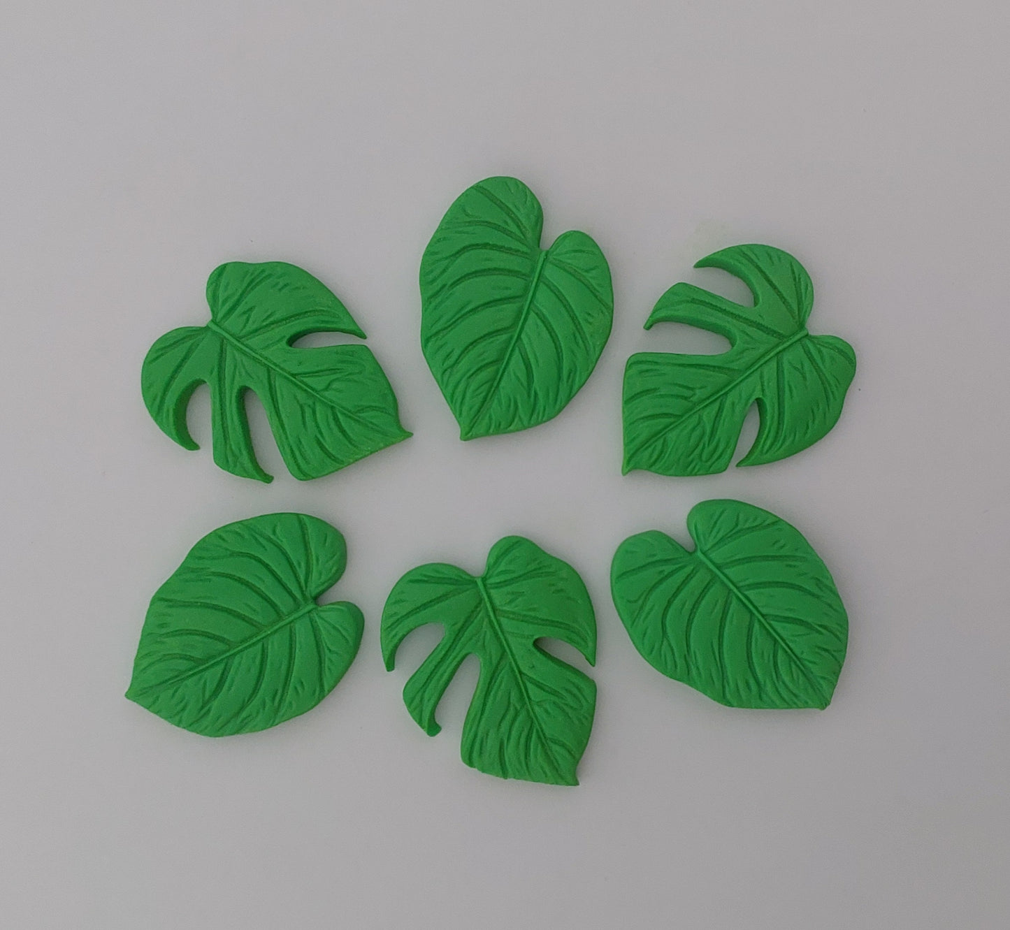 Six monstera tropical leaves, edible icing cake decorations.
