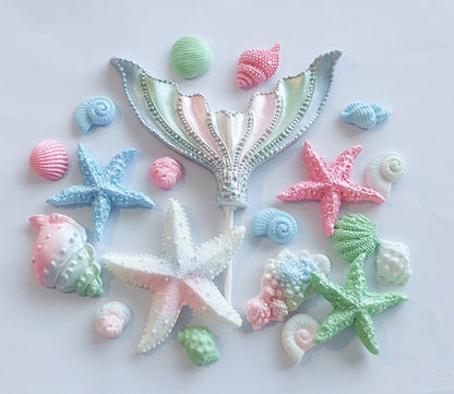 Wide Mermaid Tail & Shells - Pink, Blue, Green