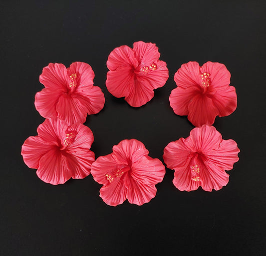 Hibiscus Flowers  x 6 -  Red - Edible Icing Cake Decorations