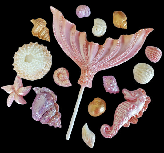Wide Mermaid Tail & Shells - Blush Pink, Gold & Cream - Edible Chocolate Cake Decorations