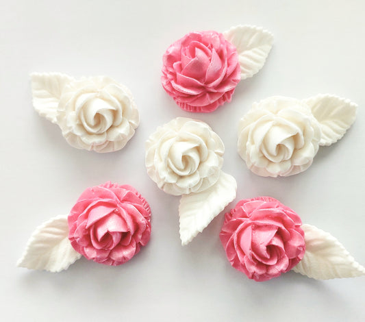 Roses & Leaves - Pink & White - Edible Icing Cake Decorations
