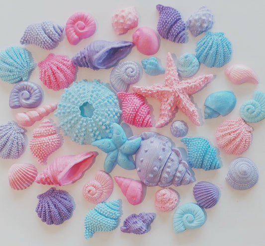 Sea Shells - Blues, Purples & Pinks - Edible Icing Cake Decorations