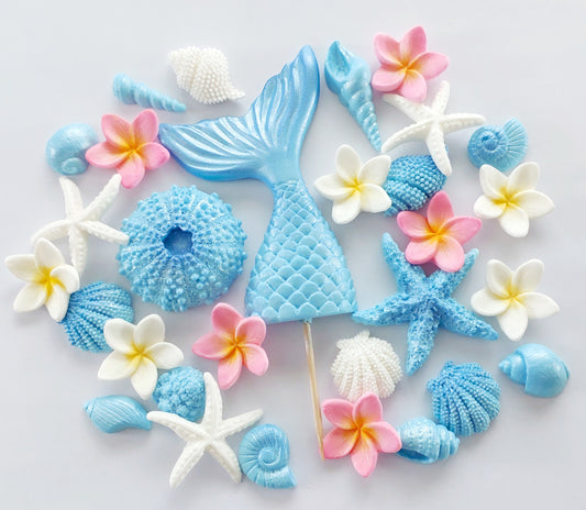 Mermaid Tail, Shells & Frangipani - Blue, Pink & White