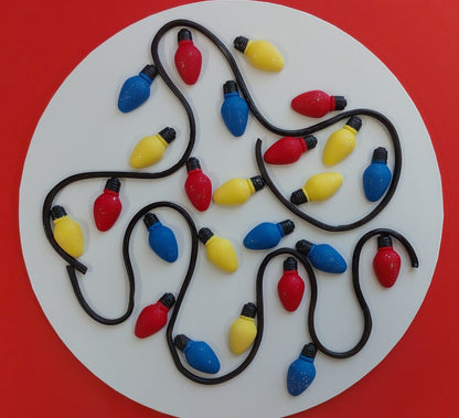 24 x Colourfull light bulbs and string, edible fondant icing and liquorice Christmas cake topper / decorations.