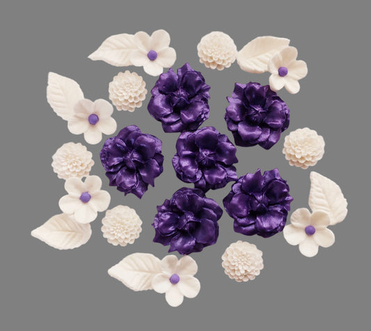 Flower Set - Purple & White- Edible Icing Cake Decorations
