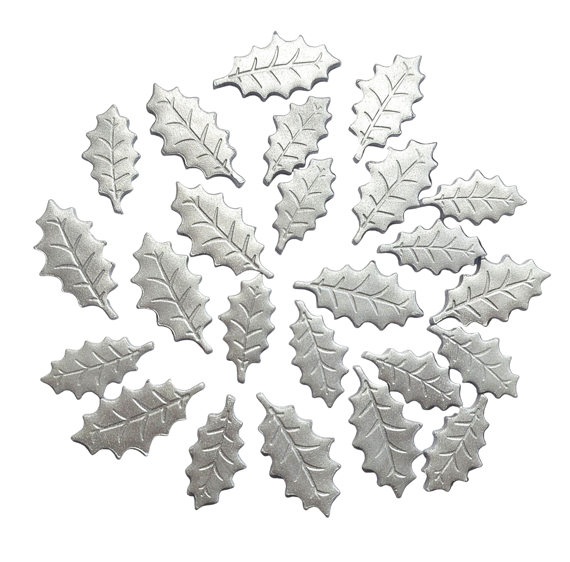 24 x Silver holly leaves in 2 sizes, edible fondant icing Christmas cake topper / decorations.
