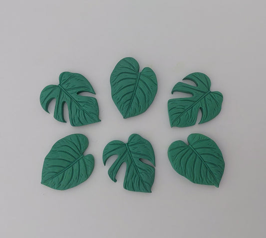 Set of six tropical monstera leaves, forest green colour,edible fondant icing cake decorations.
