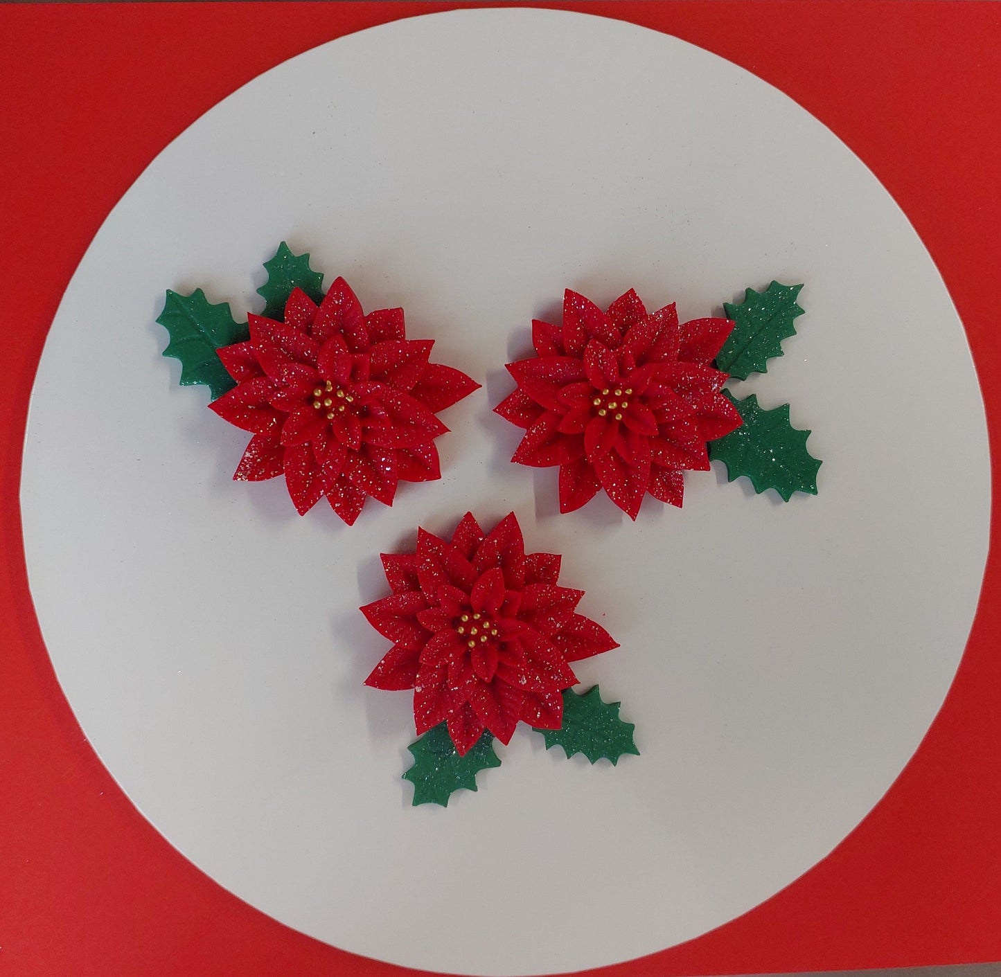 3 x Poinsettia with holly leaves, edible fondant icing Christmas cake topper / decorations.