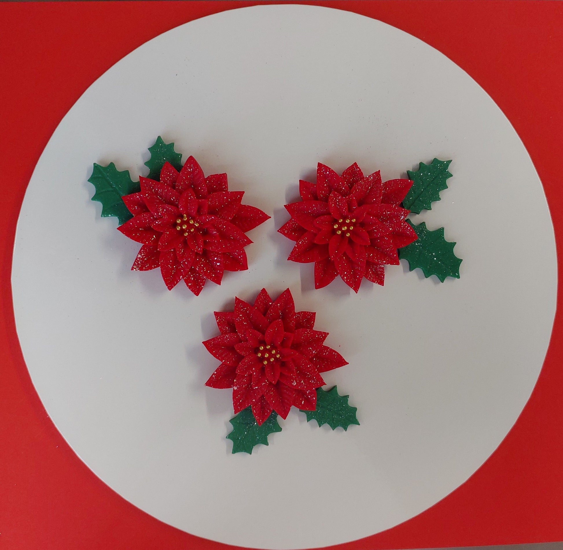3 x Poinsettia with holly leaves, edible fondant icing Christmas cake topper / decorations.