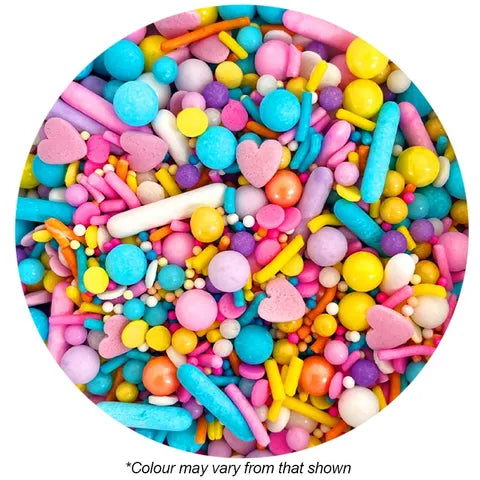 Assorted colourful sprinkle medley with hearts, rods and pearls