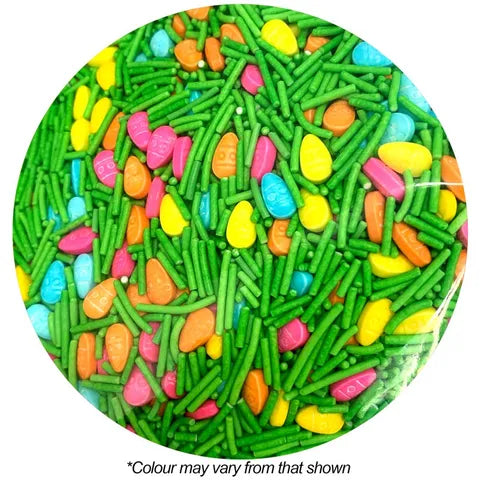 Colorful eggs and jimmies sprinkles with green, pink, orange, yellow, and blue hues on a white background.