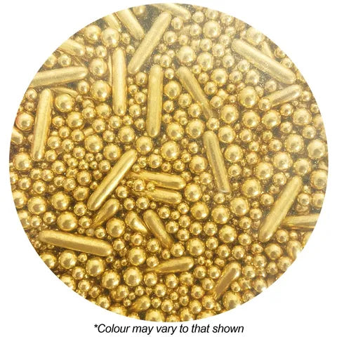 Gold-colored decorative sprinkles on a white background