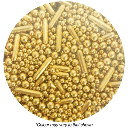 Gold-colored decorative sprinkles on a white background