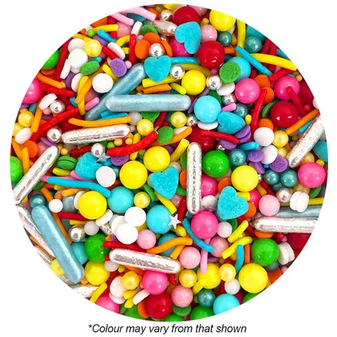 Assorted colorful sprinkles in a round container on a white background