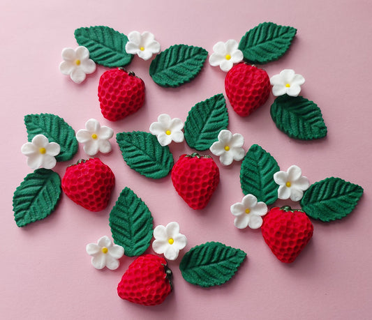 Strawberries, Leaves & Flowers - Edible Icing Cake Decorations