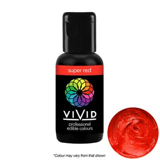 Bottle of Vivid super red edible color with a swatch of red color on a white background