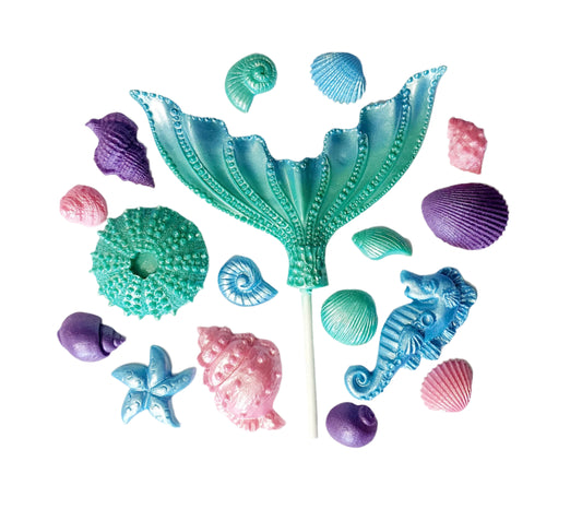 Wide Mermaid Tail & Shells - Aqua, Blue, Purple - Chocolate - Edible Cake Decorations