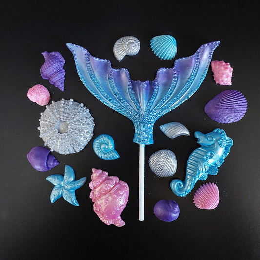 Wide Mermaid Tail & Shells - Blue, Purple, Silver - Edible Chocolate Cake Decorations