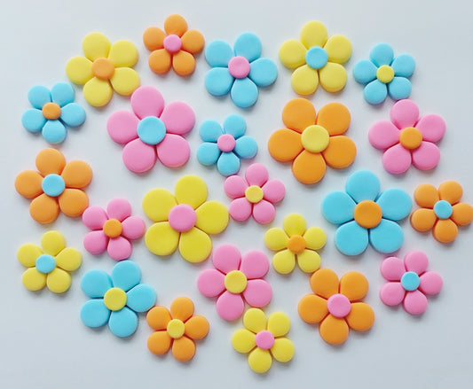 Modern Fantasy Blossoms x 24 - Mixed Colours & Sizes - Edible Icing Cake Decorations