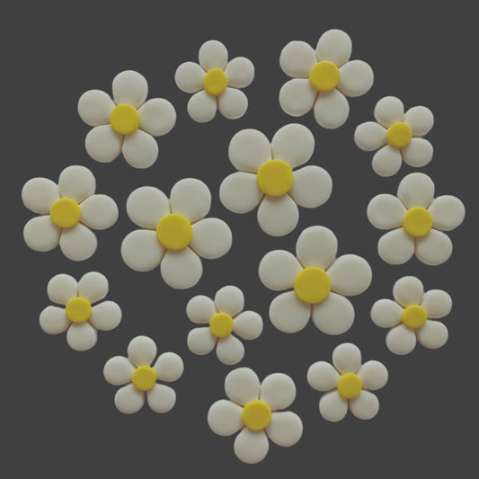 Modern Fantasy Blossoms x 15 - White & Yellow - Mixed Sizes - Edible Icing Cake Decorations