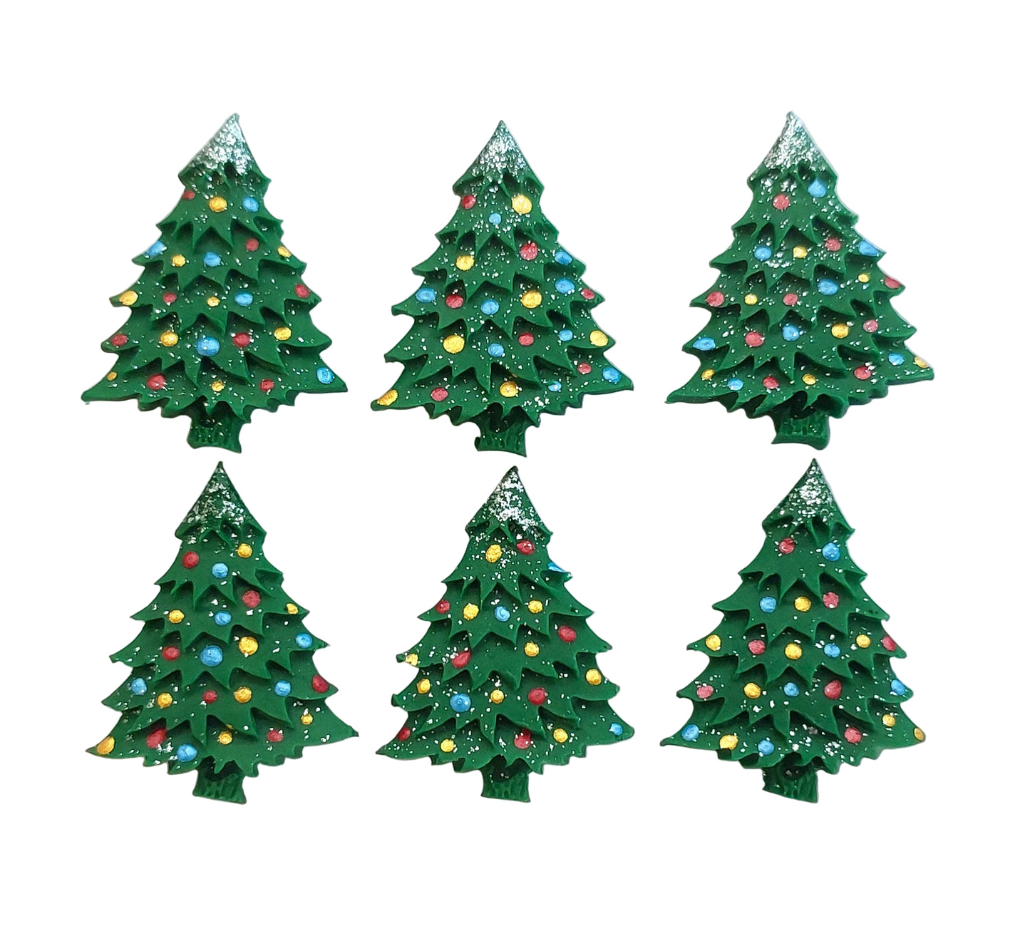 Set of green Christmas tree-shaped earrings with colorful lights on a light gray background