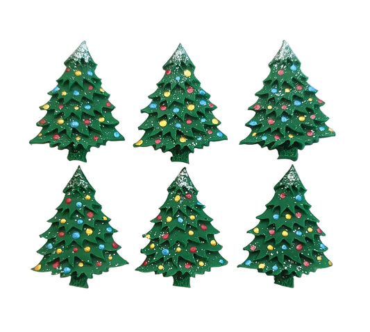 Set of green Christmas tree-shaped earrings with colorful lights on a light gray background