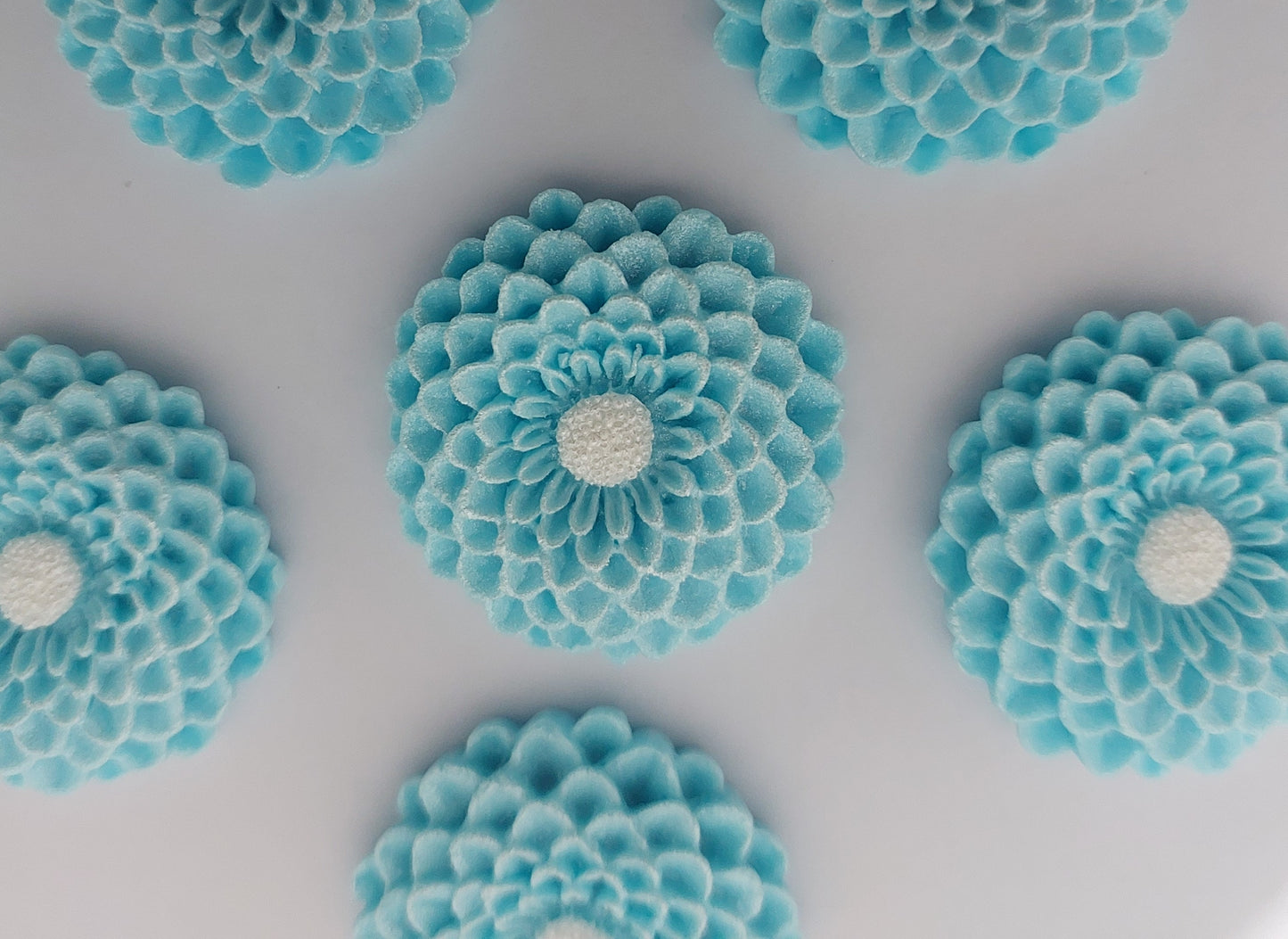 six blue dahlia flowers, edible fondant icing cake decorations