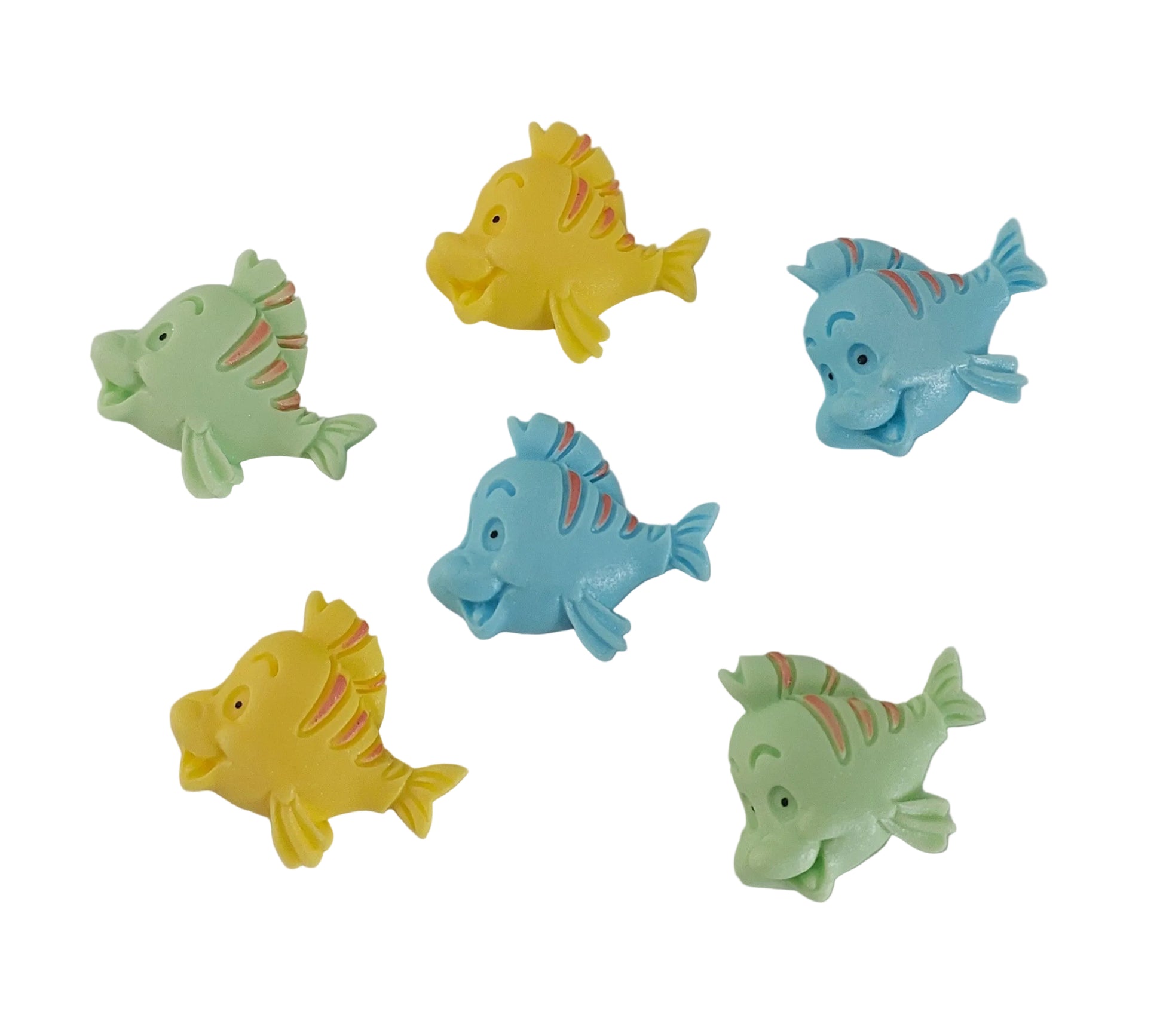 A set of six edible fondant fish. Cute decorations for an ocean themed cake.