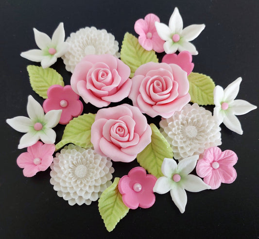 Rose Flower Set - Pink & White - Edible Icing Cake Decorations