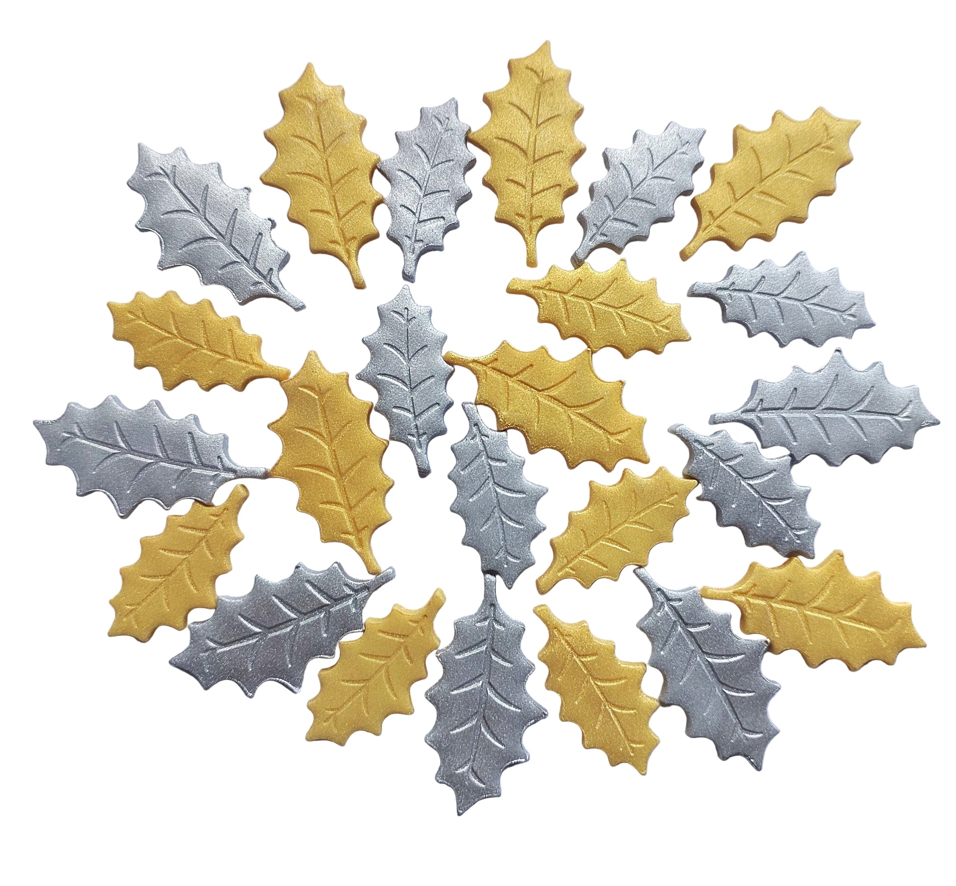 24 x Silver and gold holly leaves in 2 sizes, edible fondant icing Christmas cake topper / decorations.