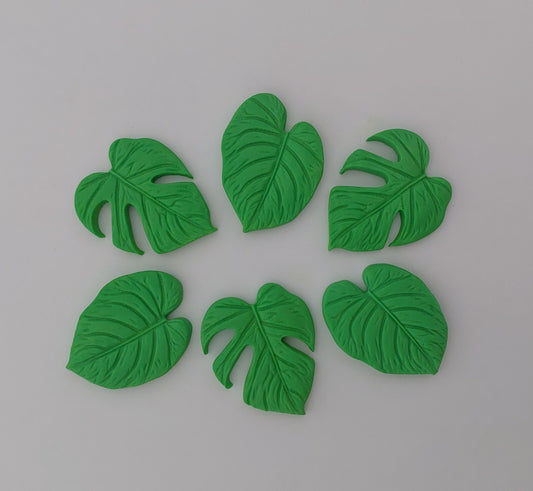 Six monstera tropical leaves, edible icing cake decorations.