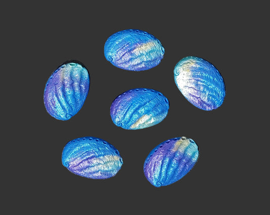 six paua shells blue, purple and aqua. Edible fondant cake decorations