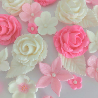 Pink & White Rose Flower Set - Premium Edible Fondant Cake Decorations (41 Pieces)