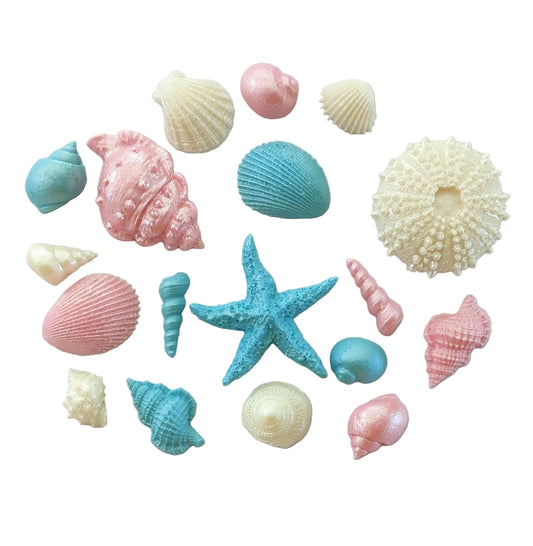 Seashells pink, blue and cream colours, edible chocolate cake decorations