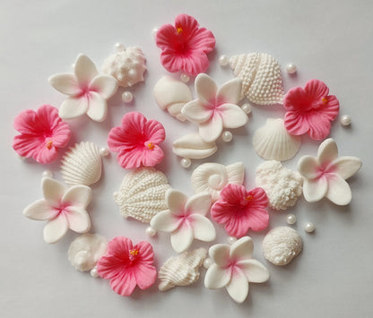 Small Shells & Tropical Flowers Set - Edible Icing Cake Decorations