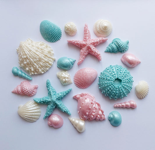 Sea Shells - Blush Pink, Blue & Cream - Edible Chocolate Cake Decorations