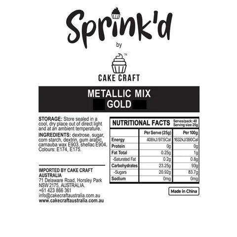 Sprink'd by Cake Craft metallic mix gold label with nutritional facts and branding.