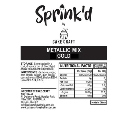 Sprink'd by Cake Craft metallic mix gold label with nutritional facts and branding.