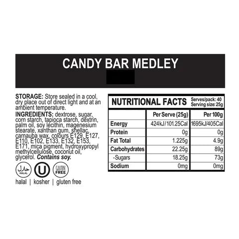 Nutritional facts label for a candy bar medley on a white background