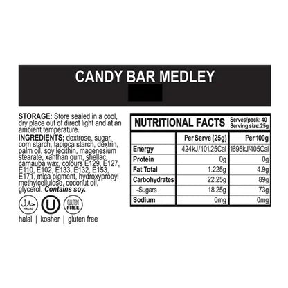 Nutritional facts label for a candy bar medley on a white background