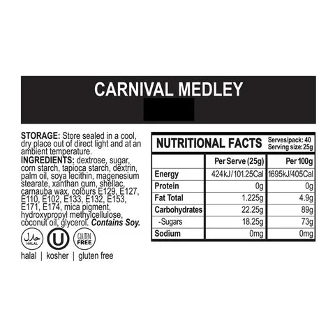 Nutritional facts label for cake sprinkles called 'Carnival Medley' with black text on a white background.