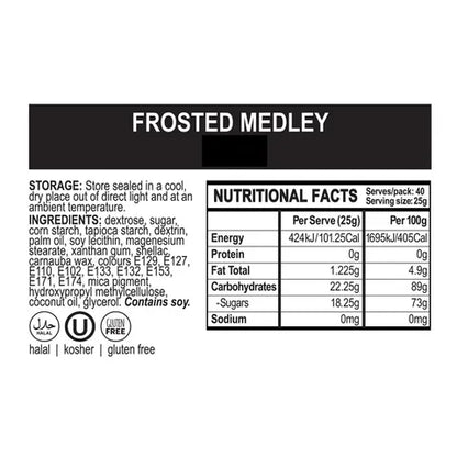 Nutritional facts label for a product called 'Frosted Medley' with storage, ingredient, and certification information.