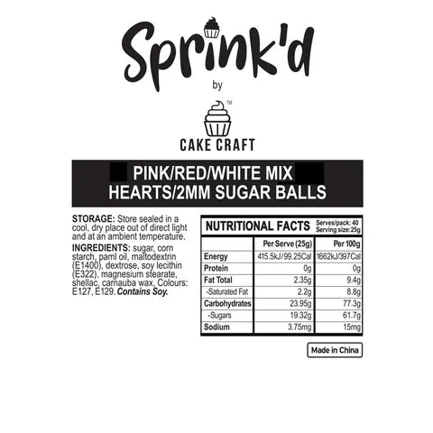 Label for Sprink'd by Cake Craft pink/red/white mix hearts 2mm sugar balls with nutritional facts.