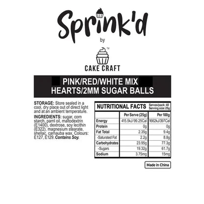 Label for Sprink'd by Cake Craft pink/red/white mix hearts 2mm sugar balls with nutritional facts.