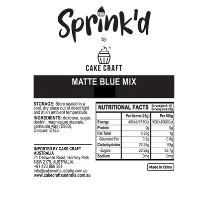 Sprink'd by Cake Craft matte blue mix label with nutritional facts and branding.