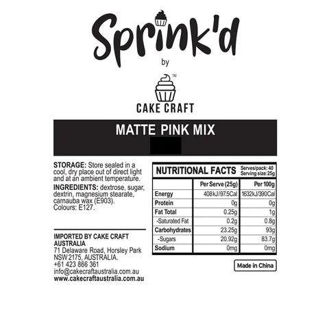 Sprink'd by Cake Craft matte pink mix label with nutritional facts and ingredients.