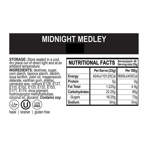 Nutritional facts label for a product named 'Midnight Medley' with storage and ingredient information
